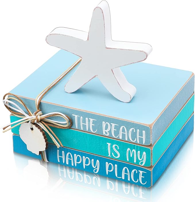 Pinkunn 4 Pcs Beach Table Decor Starfish Seashell Coastal Wooden Block Sign Centerpiece Rustic Nautical Decorative Signs & Plaques for Home Office Desk Shelf Farmhouse Home Living Room(Starfish Shell)