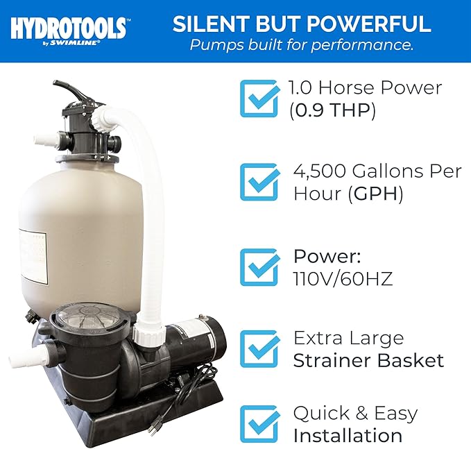 SWIMLINE HYDROTOOLS Pool Sand Filter Pump For Above Ground & Inground Pool | 19 Inch Cleaner System 1 HP (0.9 THP) Horsepower 4500 GPH | For Pools Up To 19000 Gallons Compatible 7 Way Valve 71915