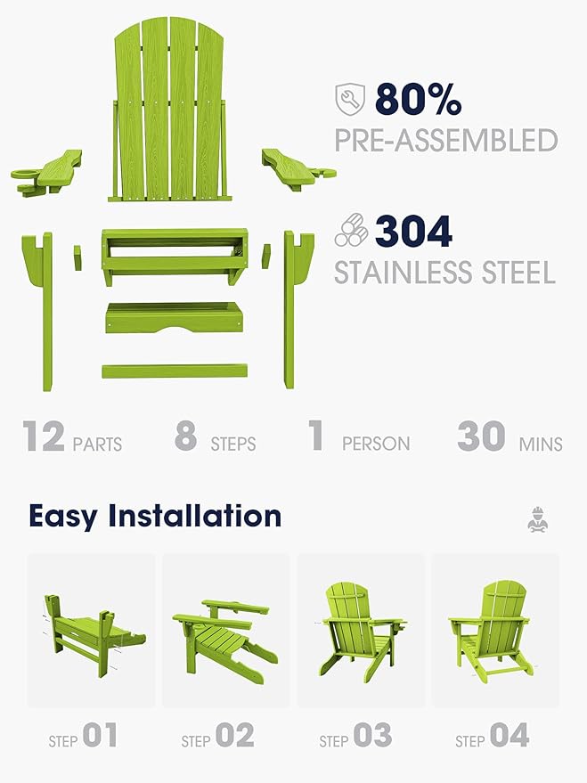 KINGYES Folding Adjustable Adirondack Chair with Ottoman & 2 Cup Holders Set of 2, HDPE Adirondack Recliner Chair with Footrest, Apple