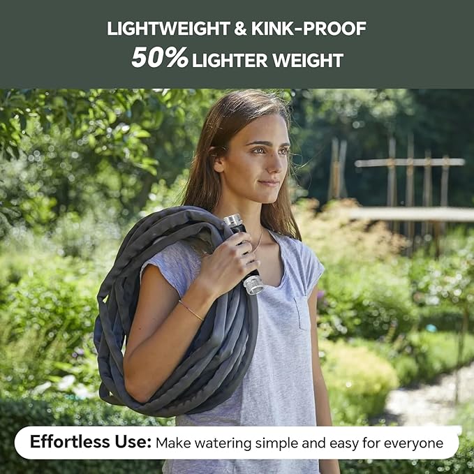 75ft Non-Expanding Garden Hose – Ultra-Light, Kink-Free, High-Pressure, Abrasion-Resistant, Durable, All-Weather, Eco-Friendly, Black&Gray