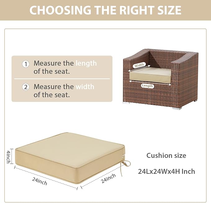 Outdoor Chair Cushions Set of 2, Waterproof Patio Chair Cushions, Patio Furniture Cushion with Ties, Outdoor Wicker Replacement Seat Cushion, 24 x 24 x 4 inch, Beige