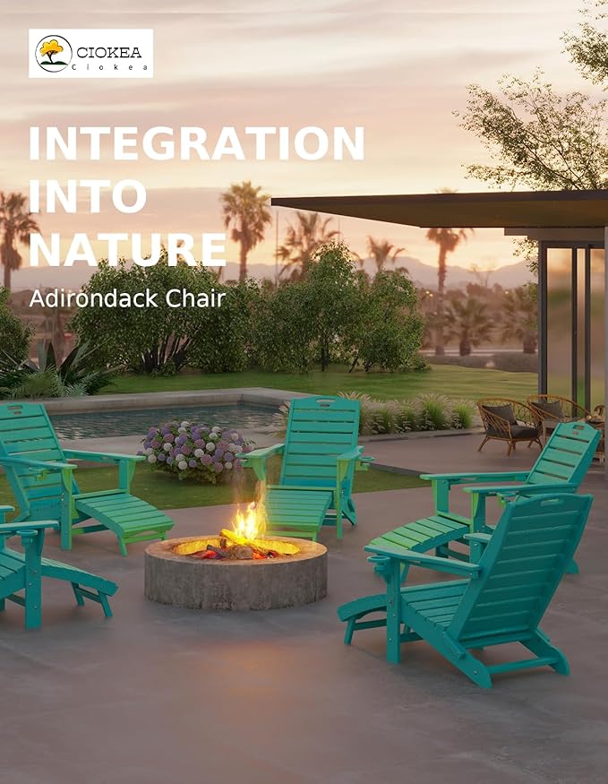 Ciokea Folding Adirondack Chair Set of 4 with Retractable Ottoman Fire Pit Patio Chair with Pull Out Foot Rest Weather Resistant Lawn Outdoor Chair with 2 Cup Holder (Lake Blue)