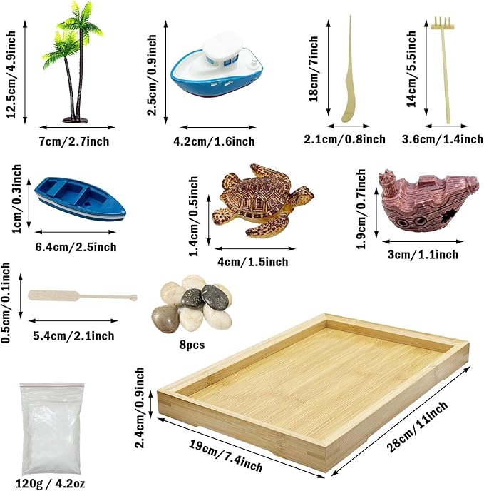 Woohome Mini Zen Garden Kit, Mini Zen Sand Garden Kit, Ocean Beach Sandbox Decorations Zen Decor Kit with White Sand, Mini Boats, Shells, Rocks for Home Office Desktop Decor