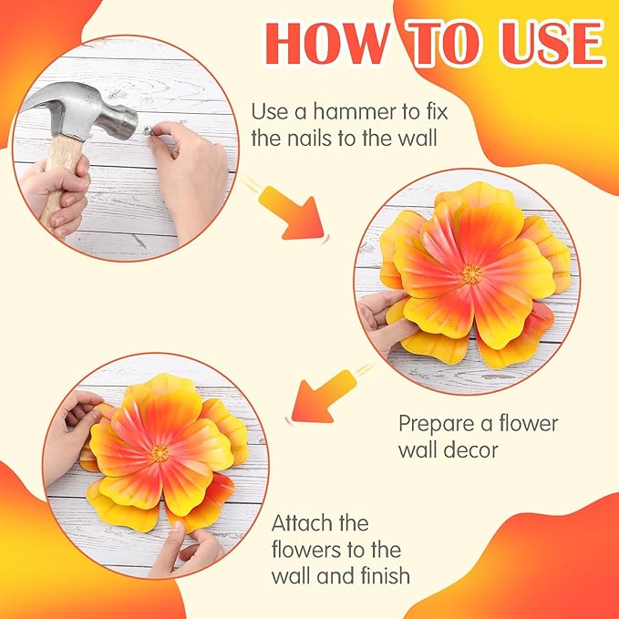 MorningRo 6 Pcs Metal Flowers Wall Art Decor Colorful 3D Hibiscus Fence Flowers Metal Wall Art Decoration Hanging Sculptures for Outdoor Garden Fence Lawn Balcony Yard Women Mother Gift