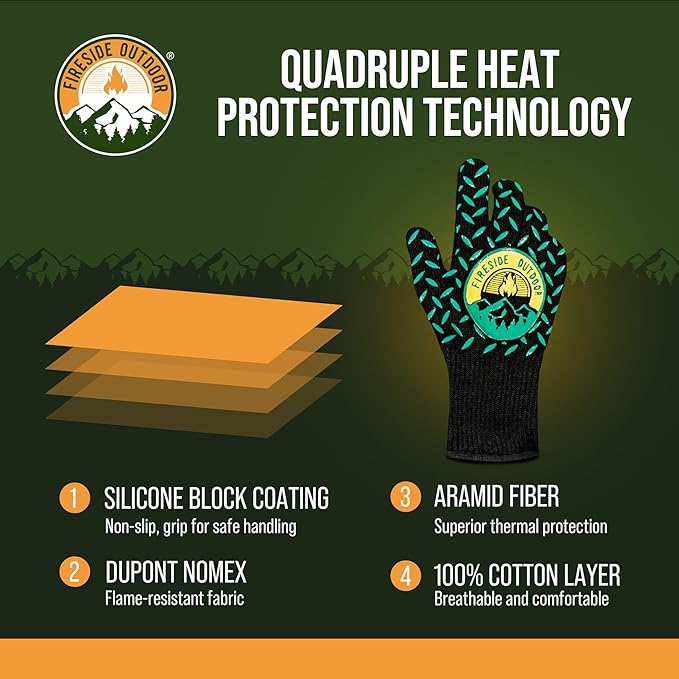 Fireside Outdoor Thermal BBQ Gloves Heat Resistant Cooking - Thermal Grill Gloves, Oven Mitts Heat Resistant, Oven Glove for Campfire Grilling, BBQ Mitts, Meat Smoking Accessories - 932°F Resistance