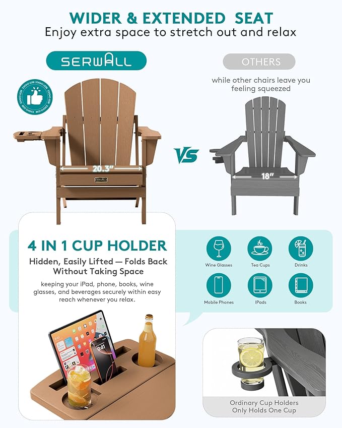 SERWALL Folding Adirondack Chair Set of 4, Outdoor Adirondack Chairs with 4 in 1 Cup Holder, Wood Texture Patio Chairs, Weather Resistant Fire Pit Chairs for Patio Deck Garden, Backyard Deck - Brown