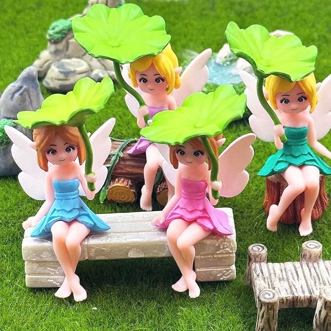 Miniature Fairy Figurines - 4Pcs Small Flower Fairies Ornaments Resin Mini Fairy Figurines Tiny Elf for DIY Fairy Garden Flower Pot Bonsai Micro Landscapes Craft Decoration Accessories (lotus leaf)