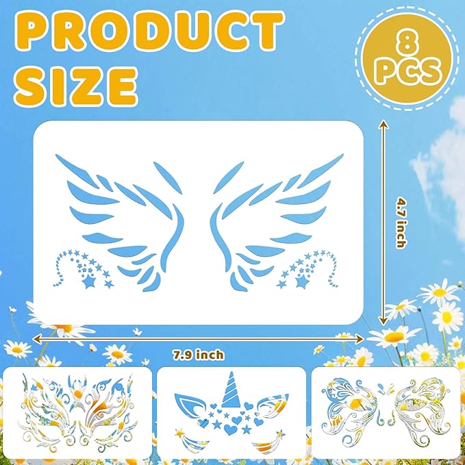 8 PCS Carnival Face Stencils Reusable Face Paint Templates for Kids Adult Tattoo Painting Stencils Unicorn Pattern Carnival Party Supply Wood Wall DIY Art Furniture Home Decoration, 7.9 x 4.7 Inch