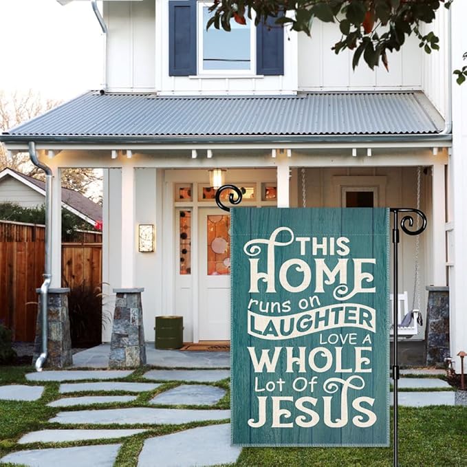 This Home Runs on Laughter Love a Whole Lot of Jesus Garden Flag, Double Sided Yard Outdoor Farmhouse Lawn Porch Decor Flag, Christian Religious Decor Flag, Bible Faith Housewarming Gifts