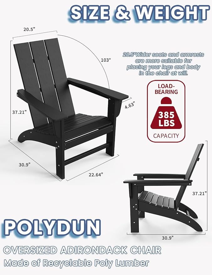 Modern Adirondack Chair, HDPE Plastic Patio Chairs for All Weather, Fire Pit Chair, Outdoor Lawn Chairs for Deck, Porch, Backyard, Garden, Black