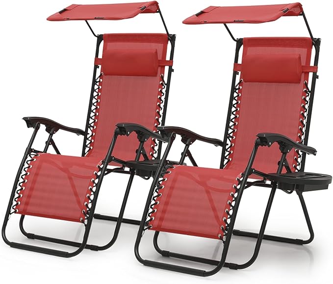 Magshion Zero Gravity Chair with Canopy Set of 2, Reclining Outdoor Patio Lounge Chair, Folding Anti Gravity Recliner, Portable Lounger with Removable Cup Holder Side Tray and Pillow Headrest (Maroon)