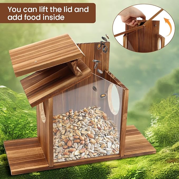 Wood Squirrel Feeder, Outside Squirrel House Box for Corn, Squirrel Picnic Table Feeder Box, Chipmunk Feeder Hold Corn, Corn Cob, Easy to Fill with Removable Front Panel, for Outdoors Winter Tree
