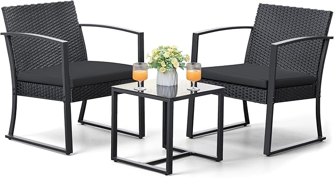 Greesum 3 Pieces Outdoor Furniture Set Patio Bistro Chairs with Glass Coffee Table for Pool Beach Backyard Balcony Porch Deck Garden, Black