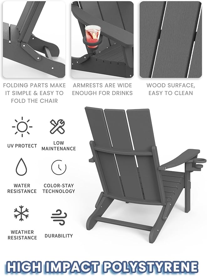 Adirondack Chair with Cup Holder, Folding Outdoor Lawn Chair, HDPE Plastic Fire Pit Chair, Weather Resistant Patio Chairs for Deck, Porch, Backyard, Garden, Slate Gray