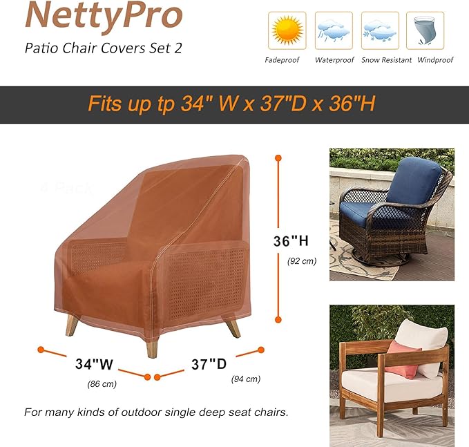 NettyPro Waterproof Patio Chair Covers for Outdoor Furniture 2 Pack, Lawn Patio Furniture Cover Deep Lounge Seat Dining High Back Chair, 34W x 37D x 36H inches, Brown