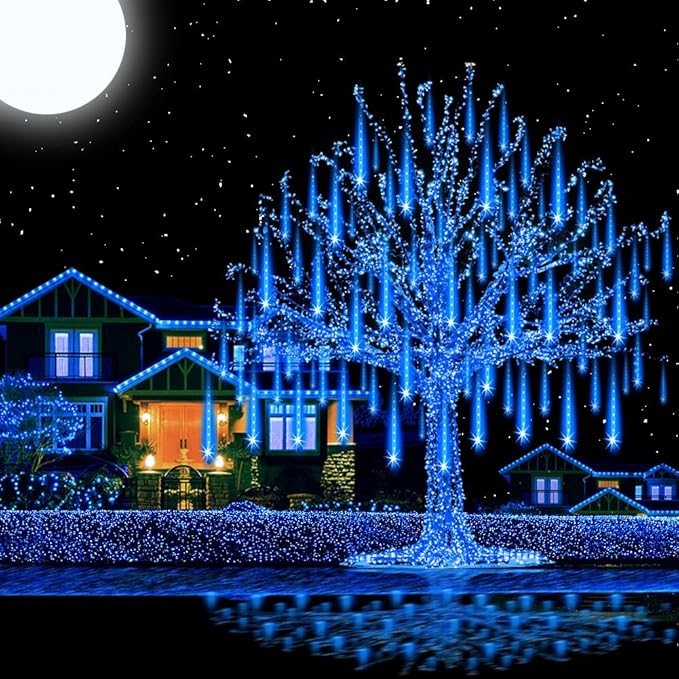 Aukora Christmas Lights Outdoor Meteor Shower Lights 12 inch 8Tubes 192LED UL Certified Falling Rain Drop Snow Icicle String Light for Xmas Tree Christmas Decorations Party Wedding Holiday Yard Blue