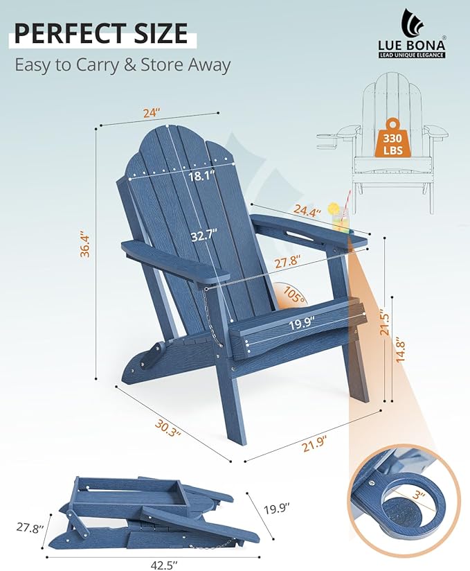 LUE BONA Folding Adirondack Chair, Chairs Set of 6, Cup Holder, Woodgrain, Fire Pit, Patio, Pool, Blue