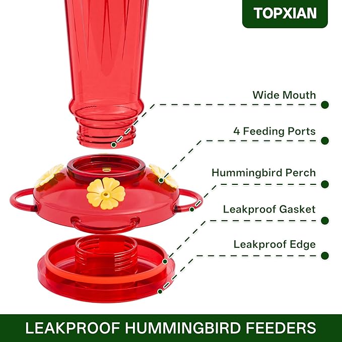Plastic Hummingbird Feeder, 14 oz Hummingbird Feeders for Outdoors Hanging, Leak-Proof Nectar Feeders with 4 Feeding Ports and Perches, Gifts for Mom, Dad, Grandparents-Red