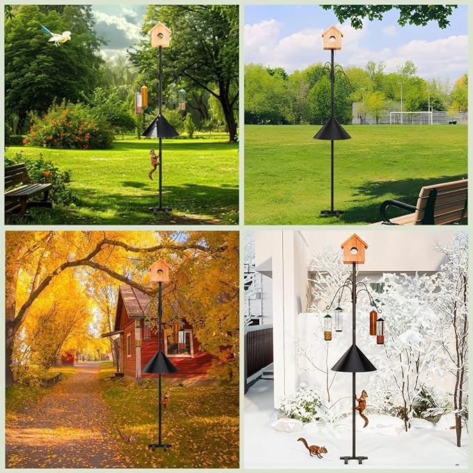 Bird Feeder Pole 101.97 Inch House Stand with Squirrel Proof Baffle Heavy Duty Feeding Station with 4 Shepherd Hooks for Outdoor Garden Yard Black (Bird House Not Included)