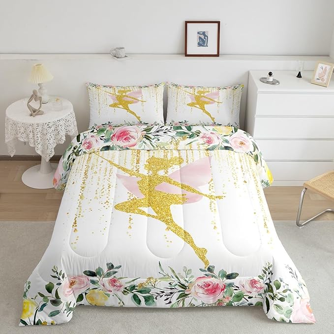 Erosebridal Fairy Garden Full Comforter Set,Cute Pink Floral Bedding Sets for Girls Kids,Dreamy Sweet Fairy Quilt Bed Set,Coquette Flower Girly Bedroom Decor,2 Pillowcases Reversible