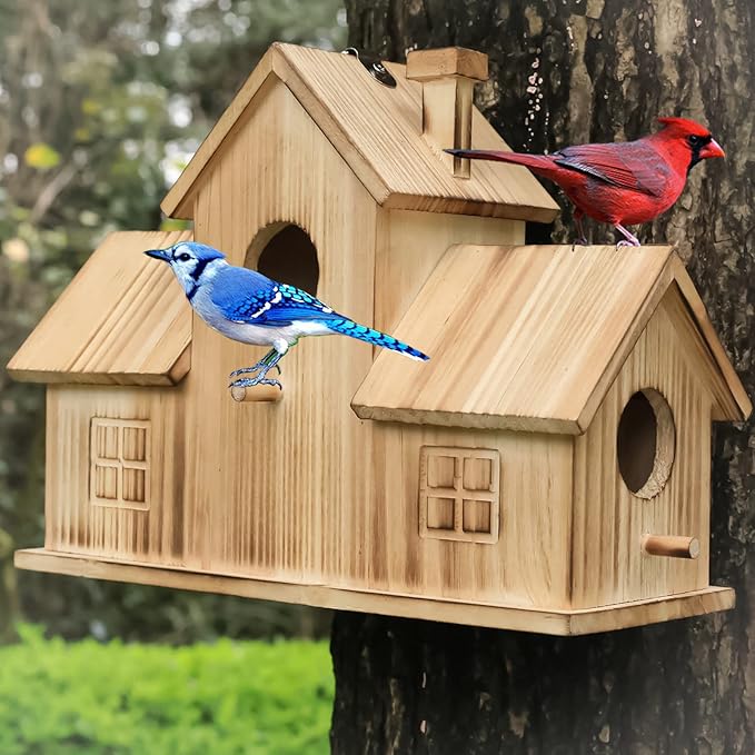 STARSWR Bird Houses for Outside,Outdoor 3 Hole Bird House Room for 3 Bird Families Bluebird Finch Cardinals Wooden Hanging Birdhouse for Garden