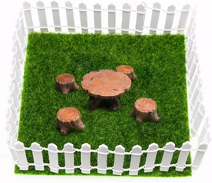 Fairy Garden Accessories, 35 Inch White Mini Fence & Outdoor Miniature Table and Chairs Set Resin Furniture Ornaments Kit Micro Landscape Decor for DIY Craft Gift Dollhouse Succulents Home Decoration
