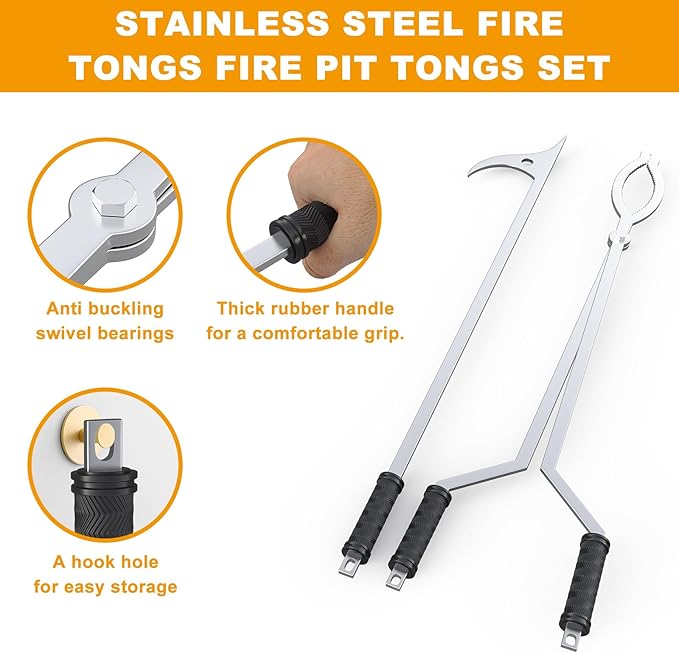 40" Fire Pit Tongs Set for Fire Pit, Fire Poker and Log Grabber FirePit Tool Accessories for Outdoor Campfires Backyard Picnic Picnic Indoor Accessories, Stainless Steel