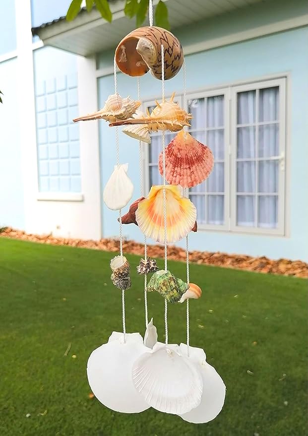 Seashell Wind Chimes, Windchimes Outdoor Indoor Beach Home Décor Hanging for Patio Garden Porch Yard, Genuine Seashells
