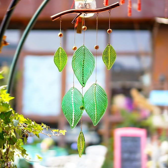 Glass Wind Chimes for Outside,Unique Handmade Windchimes Outdoors with Stained Glass Leaves for Home Window Garden Yard Patio Decor,Green 20"