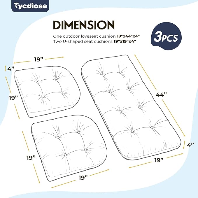 All Weather 3 Pieces Wicker Chair Cushions, Waterproof Outdoor Wicker Chair Cushion for Patio Furniture Loveseat Settee Bench, 1 Loveseat and 2 U-Shaped Thickened Cushions, Navy