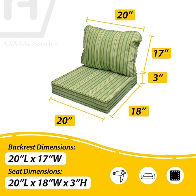 AAAAAcessories Outdoor Seat Cushions for Chairs, Fade-Resistant, Waterproof Patio Furniture Replacement Cushions, 20" x 18" x 3" + 20" x 17", Mossy Forest Stripe