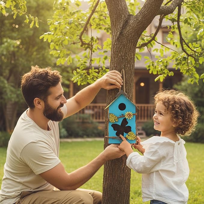 2 Pcs Decorative Birdhouse for Yard Outside Hanging Wooden Birdhouse Hand Painted Bird Box for Bird Lovers Bluebird Tree Swallow Wild Chickadee Garden Decor(Blue,Light Green,Iron Roof)