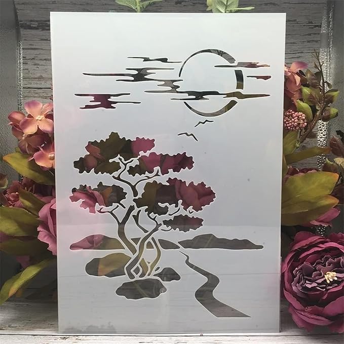 TIAMECH A4 Reusable Night Scene Stencil for Painting - Moon Road Tree Mountain Layering Template, DIY Wall Art, Wood Furniture, Scrapbook & Crafts (8.3x11.7inch)