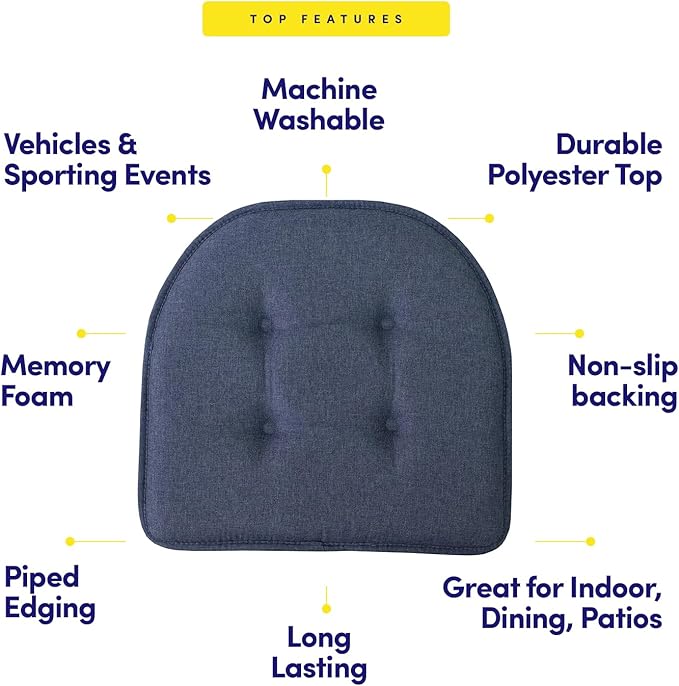Sweet Home Collection Chair Cushion Memory Foam Pads Tufted Slip Non Skid Rubber Back U-Shaped 17" x 16" Seat Cover, Denim Blue 4 Count