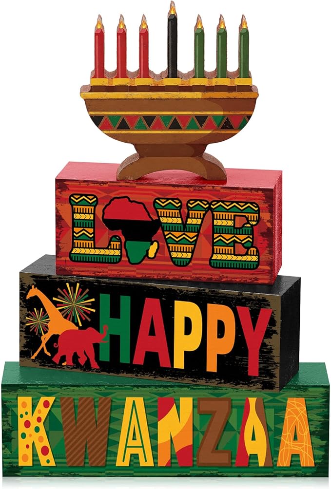 4 Pcs Kwanzaa Table Decorations Wooden Candlestick Sign Wood Block Tabletop Centerpiece Happy Kwanzaa Tiered Tray Table Toppers for Farmhouse Home Office Desk Decor Holiday Party Supplies