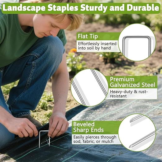 Heavy Duty 8 Inch Galvanized Landscape Staples Stakes, DUNPUTE 100 Pack 8 Gauge Garden Metal Stakes, Ideal for Weed Barrier Stakes, Drip Irrigation Tubing, Landscape Fabric, Lawn and Ground Securing