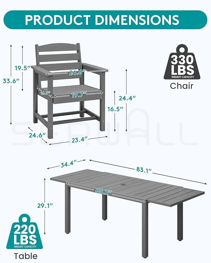 SERWALL 5-Piece Outdoor Table and Chairs, 60" - 83" Expandable Outdoor Dining Table with Aluminum Frame & HDPE Tabletop, All Weather HDPE Patio Furniture Set for Backyard, Garden, Grey