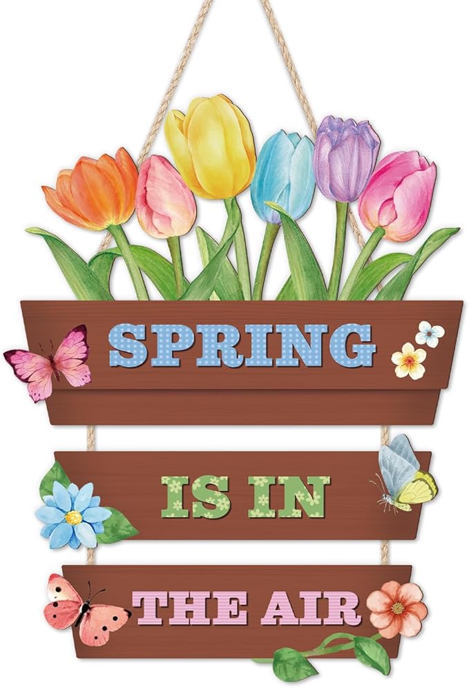HOURIA Spring Is In The Air Wooden Door Sign(12”x14”),Colorful Tulip Flower Butterfly Spring Wall Hanging Sign,Spring Decorations for Home Garden Porch