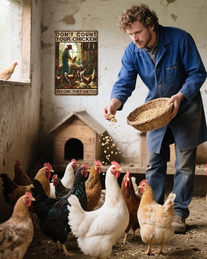 Vintage Chicken Sign, Don't Count Your Chicken Before They Hatch Man With His Chicken, Wall Decor Retro Backyard Fence Signs, Vintage Yard Chicken Decor, Gift for Man/Grandpa 8 * 12"