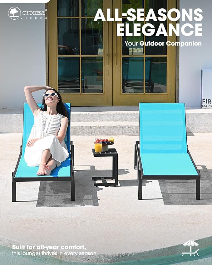 Ciokea Aluminum Chaise Lounge Chair Outdoor with Wheels, Patio Lounge Chair with Adjustable 5-Position Recliner and Full Flat Tanning Chair for Patio, Beach, Pool, Lake Blue