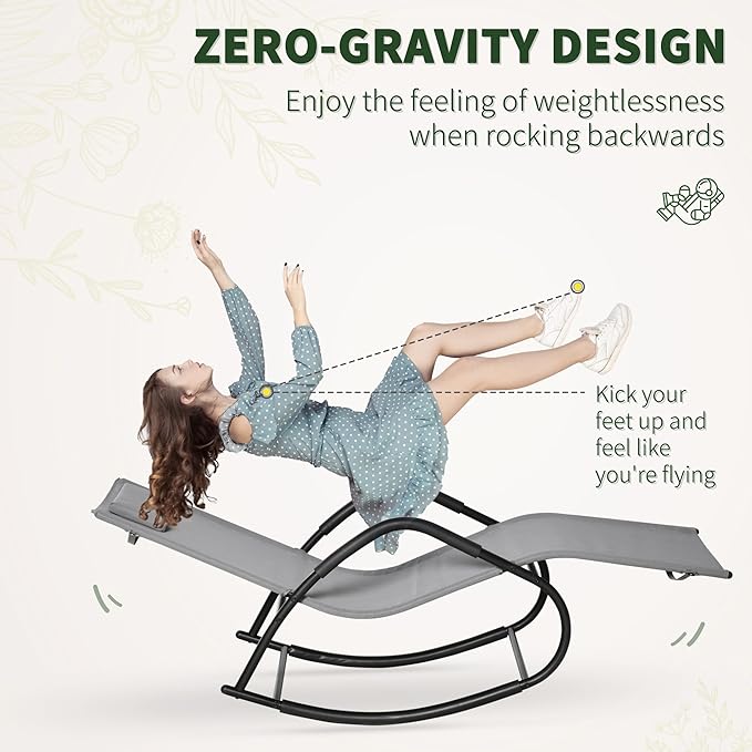 Outsunny Rocking Chair, Zero Gravity Patio Chaise Sun Lounger, Outdoor Rocker, UV Water Resistant, Pillow for Sunbathing, Lawn, Garden or Pool, Gray