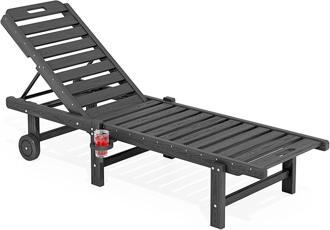 SERWALL Outdoor Chaise Lounge Chair, HDPE Patio Lounge Chair with Cup Holder, 5 Positions Adjustable Poly Lounger with Rolling Wheels for Poolside, Deck, Sunbathing, Grey