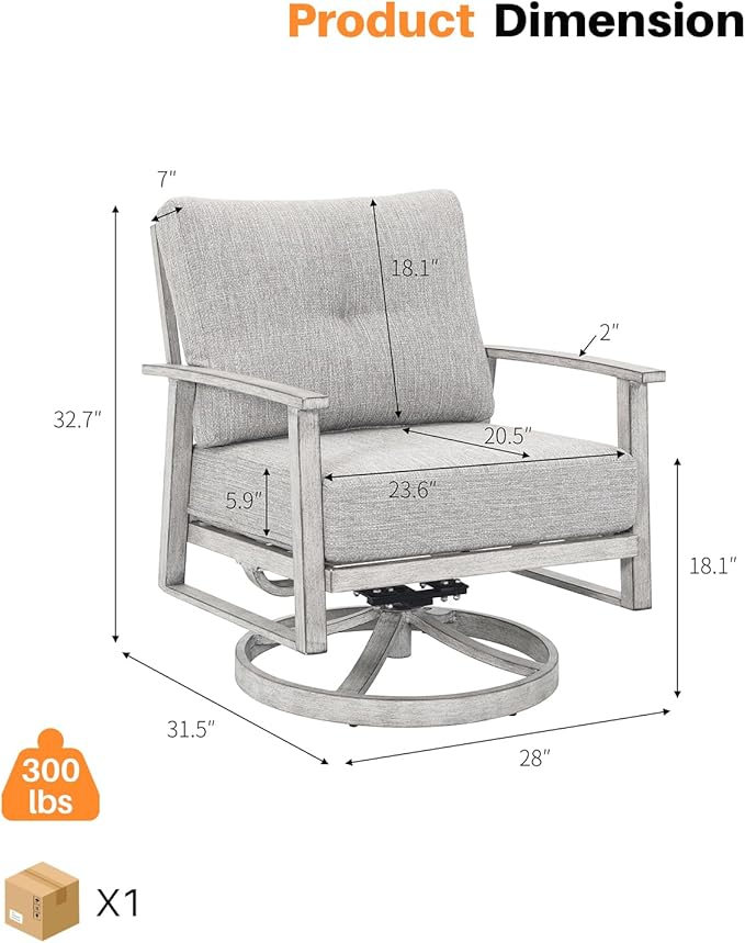 Outdoor Swivel Patio Chairs Set of 2, Outdoor Aluminum Swivel Armchair Conversation Set with Cushion, 2 Pieces All Weather Patio Furniture Sofa Chairs Set for Garden, Poolside, Lawn, White Oak