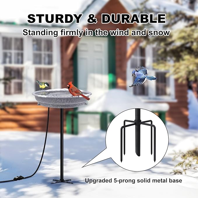 BIRD WISH Heated Bird Bath, Stable 5-Prong Metal Base Thermostat Control Weather Resistance All Seasons Available 75W Heated Bird Baths for Outdoors for Winter Garden Yard Patio Lawn, Spotted Grey