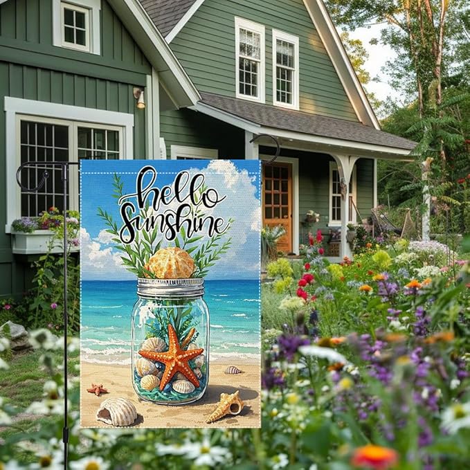 Hello Sunshine Garden Flag Starfish Mason Jar Summer Garden Flags 12x18 inch Vertical Double Sided Sea Shell Coastal Burlap Outdoor Lawn Beach Decorations