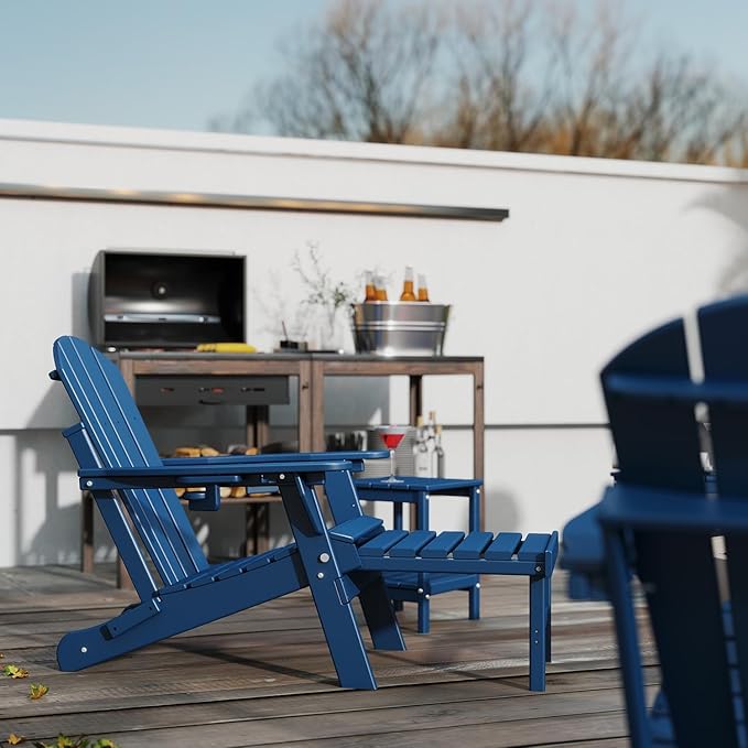 GREENVINES Adjustable Adirondack Chair with Retractable Ottoman Set of 2 | Folding | HDPE Plastic | Fire Pit Chairs w/Foot Rest | 2 Cup Holders | Blue | for Outdoor Patio Poolside Deck