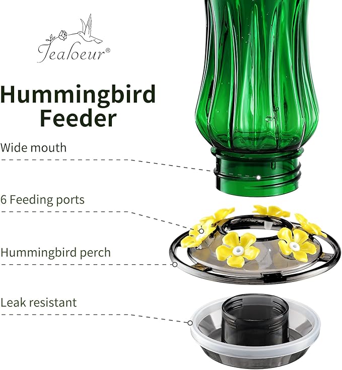 Hummingbird Feeder for Outdoors Hanging, 18 OZ Humming Birds Feeders with 6 Bee Guard Feeding Ports & Built-in Ant Moat, Easy to Clean, Durable Outdoor Garden Decor (Green 1 Pack)