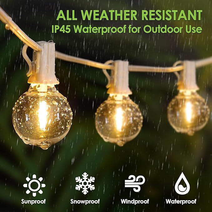Mlambert 200Ft(2x100Ft) LED Outdoor String Lights, Dimmable G40 Globe Patio Lights with 100+5 2700K Waterproof Bulbs for Balcony-White Cord 2 Pack