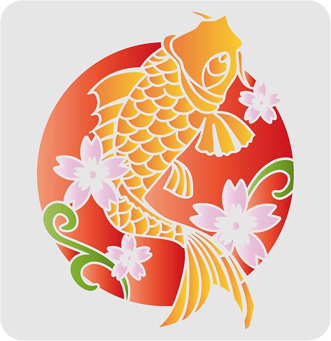 FINGERINSPIRE Koi Fish Stencils 11.8x11.8inch Fancy Carp Drawing Painting Stencils Koi Flower Leaf Wall Stencils Washable Reusable Mylar DIY Art Craft for Painting on Wood, Floor, Wall and Tile