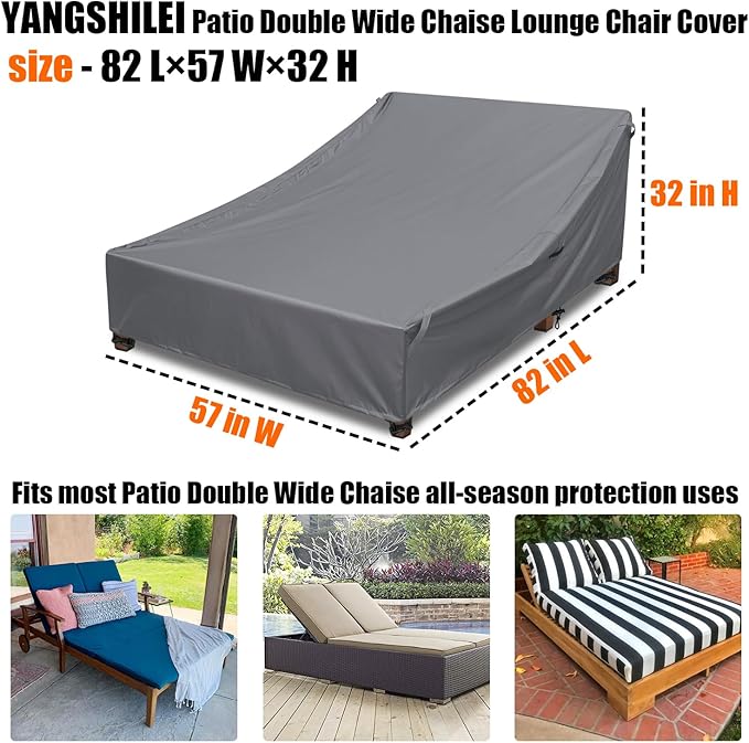 Double Lounge Chair Cover 100% Waterproof Outdoor Chaise Lounge Cover 600D Weather Resistant Material, UV Protection, Windproof Design Double Wide Patio Lounge Chairs Covers (Grey)